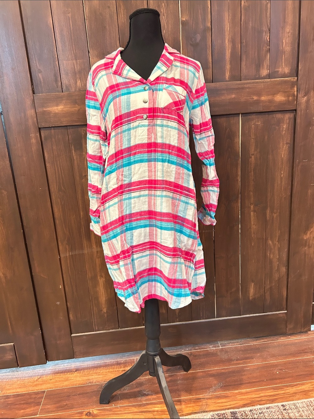 Jockey Plaid Midi Shirt Dress - Pink, Teal & Cream